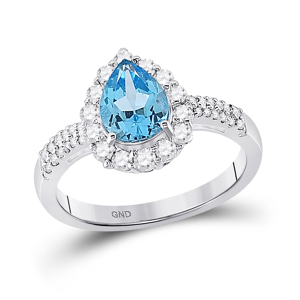 10kt White Gold Womens Pear Lab-Created Blue Topaz Solitaire Ring 2 Cttw