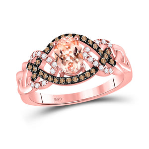 10kt Rose Gold Womens Oval Morganite Brown Diamond Fashion Ring 1 Cttw