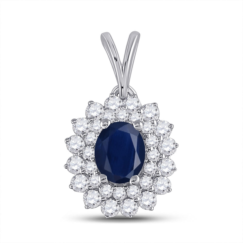 14kt White Gold Womens Oval Blue Sapphire Diamond Halo Pendant 3/4 Cttw