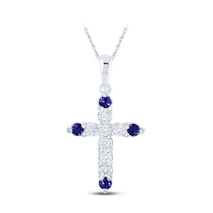 10kt White Gold Womens Round Blue Sapphire Diamond Cross Pendant 1/4 Cttw