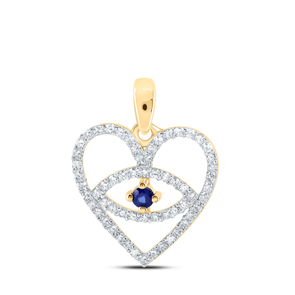 10kt Yellow Gold Womens Round Blue Sapphire Diamond Eye Heart Pendant 1/3 Cttw