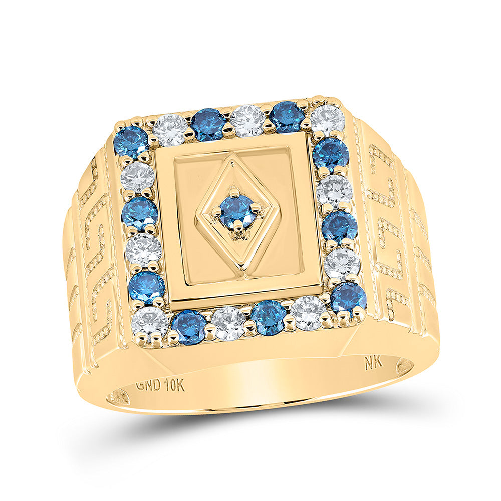 10kt Yellow Gold Mens Round Blue Color Treated Diamond Square Ring 1-1/2 Cttw