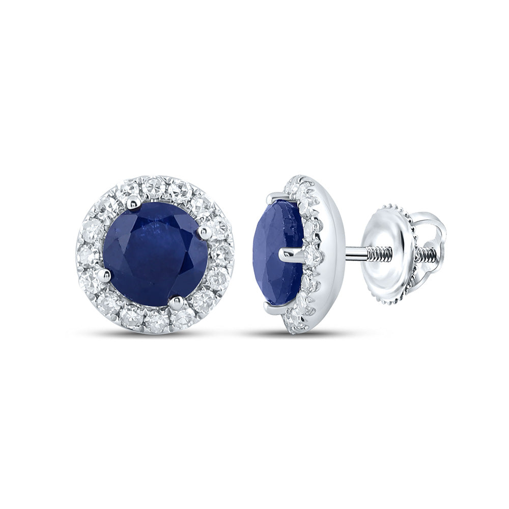 14kt White Gold Womens Round Blue Sapphire Diamond Halo Earrings 1-1/5 Cttw