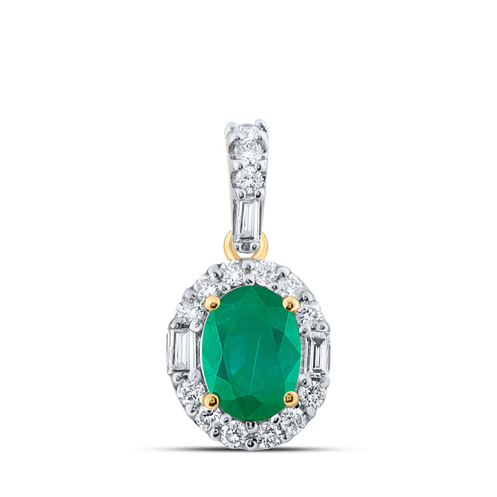 14kt Yellow Gold Womens Oval Emerald Diamond Fashion Pendant 1 Cttw