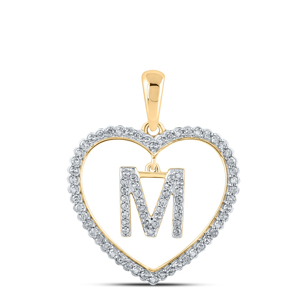 10kt Yellow Gold Womens Round Diamond Heart M Letter Pendant 1/4 Cttw