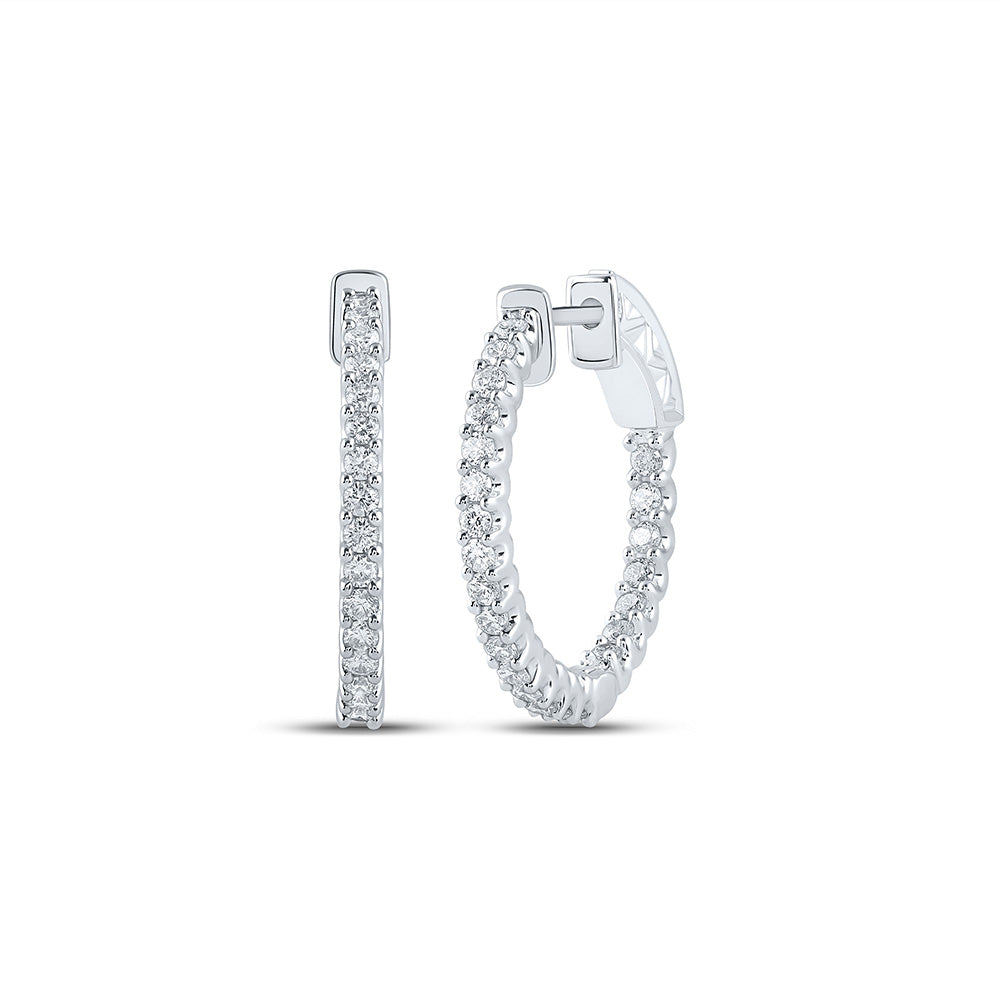 14kt White Gold Womens Round Diamond In Out Hoop Earrings 1 Cttw