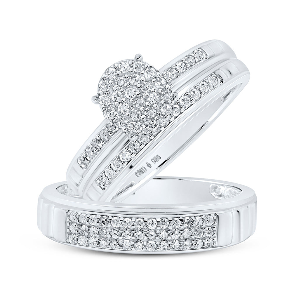 Sterling Silver His Hers Round Diamond Oval Matching Wedding Set