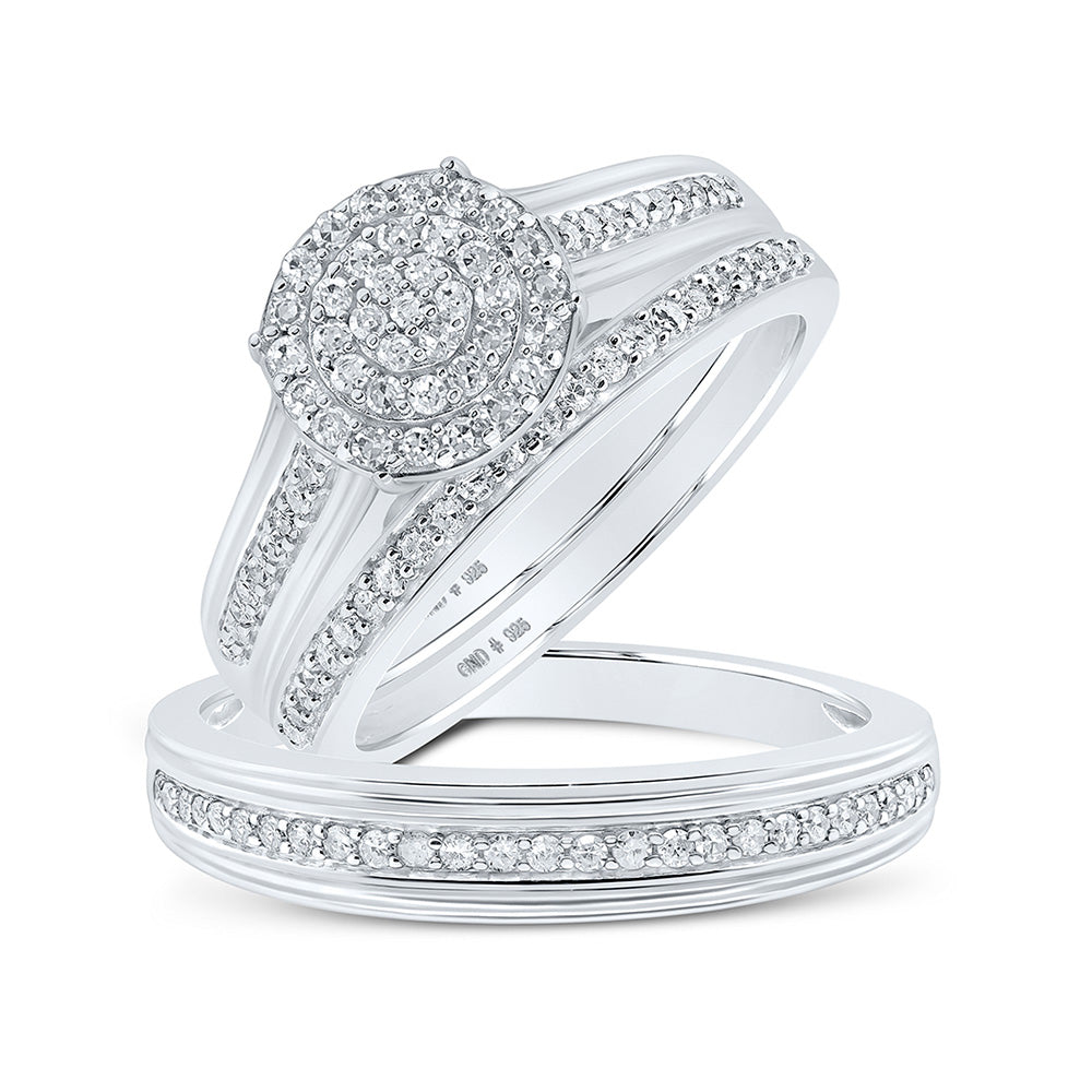 Sterling Silver His Hers Round Diamond Cluster Matching Wedding