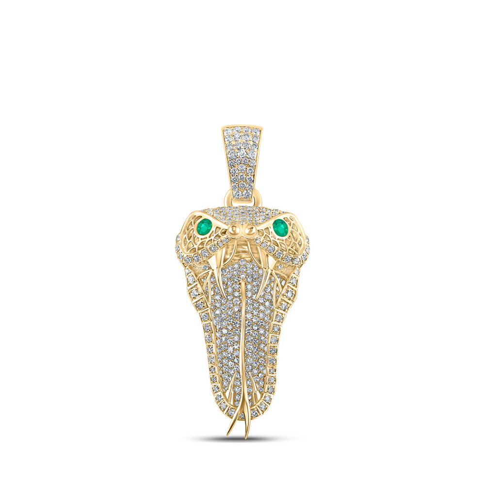 10kt Yellow Gold Mens Round Emerald Diamond Snake Charm Pendant 2-7/8 Cttw