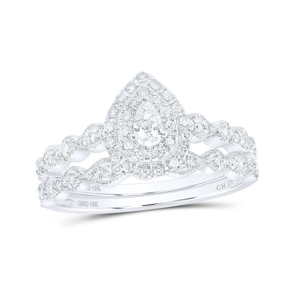 10kt White Gold Pear Diamond Halo Bridal Wedding Ring Band Set 3/8 Cttw