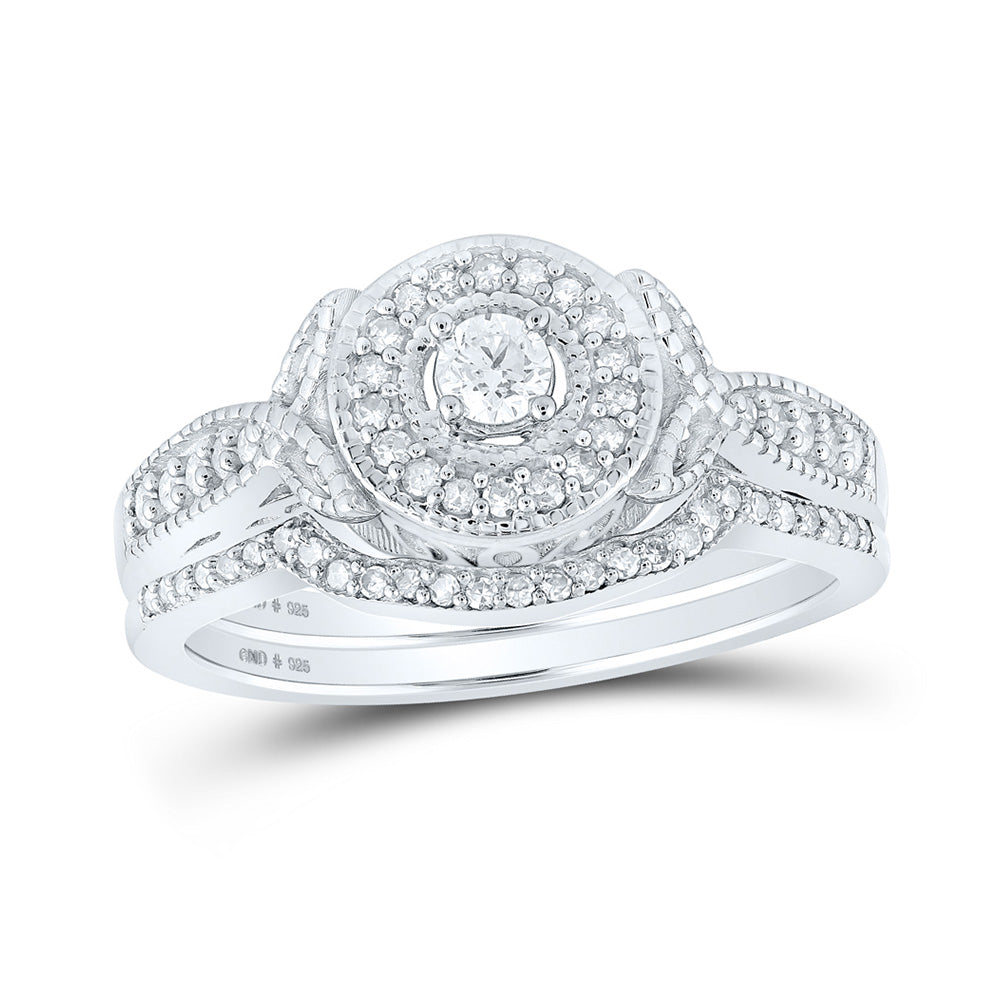 Sterling Silver Round Diamond Halo Bridal Wedding Ring Band Set 3/8 Cttw