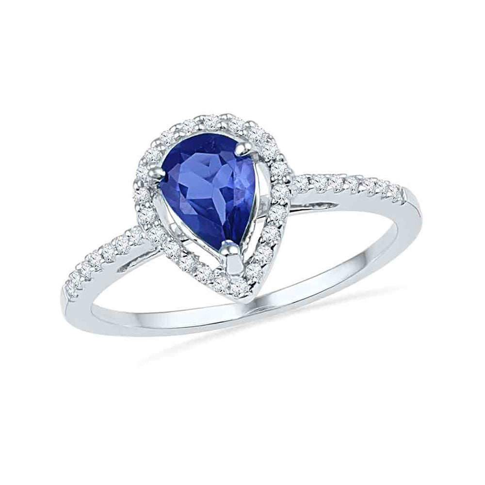 10kt White Gold Womens Pear Lab-Created Blue Sapphire Teardrop Ring 1 Cttw
