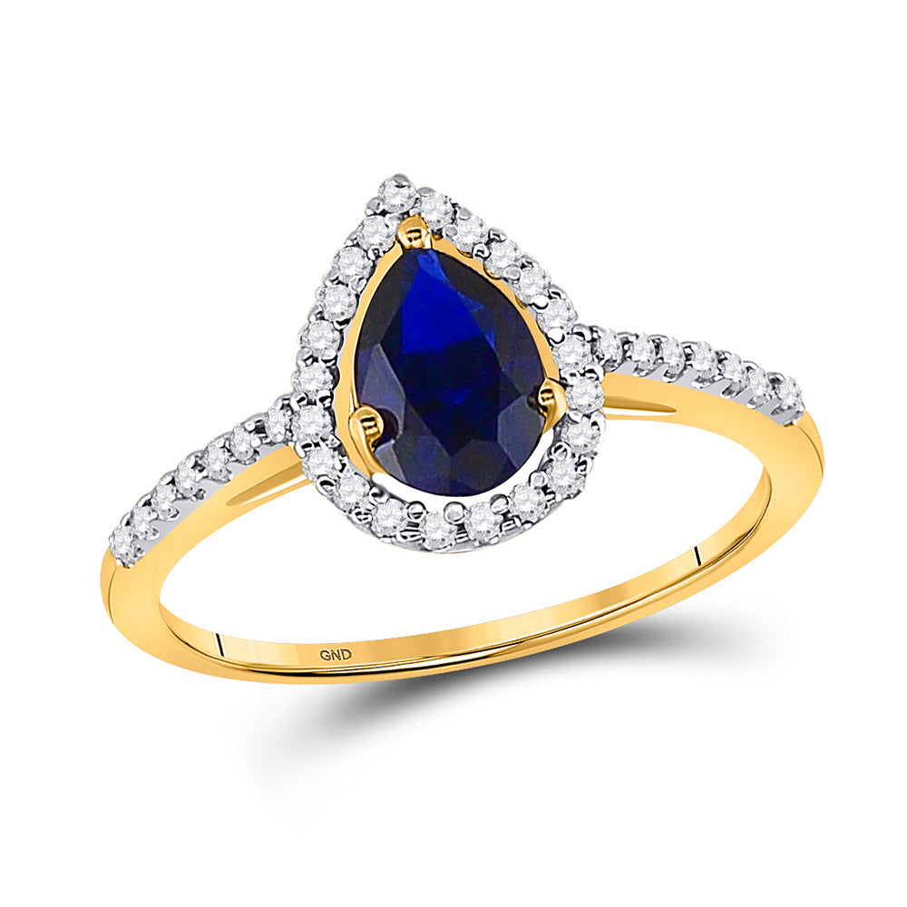 10kt Yellow Gold Womens Pear Lab-Created Blue Sapphire Teardrop Ring 1 Cttw