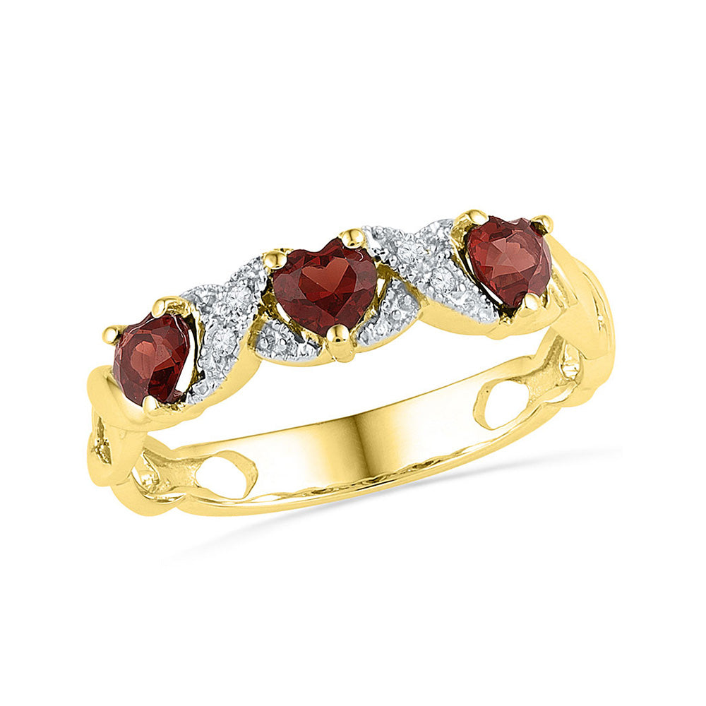 10kt Yellow Gold Womens Heart Garnet Diamond 3-stone Ring 7/8 Cttw