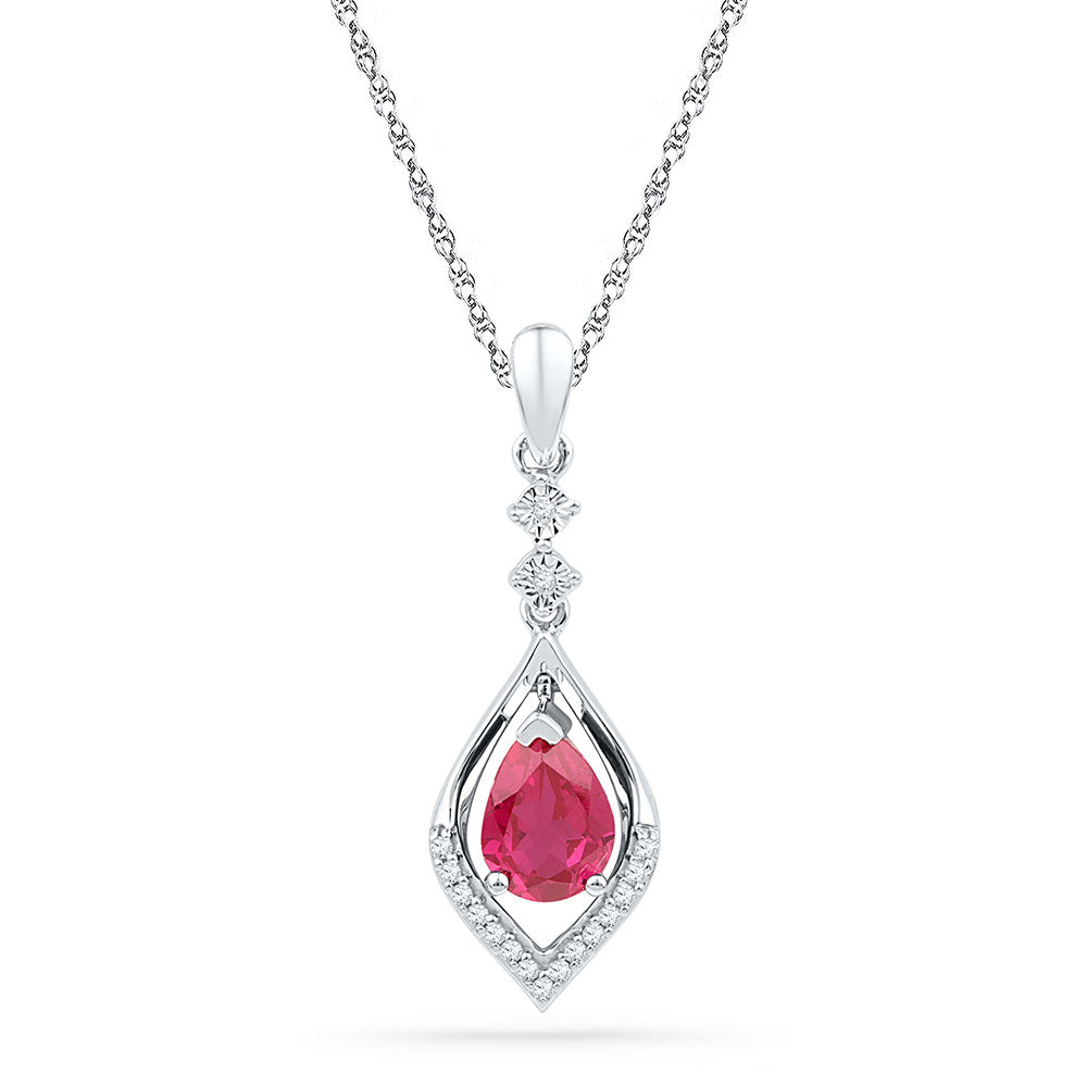 Sterling Silver Womens Oval Lab-Created Ruby Diamond Solitaire Pendant 1 Cttw