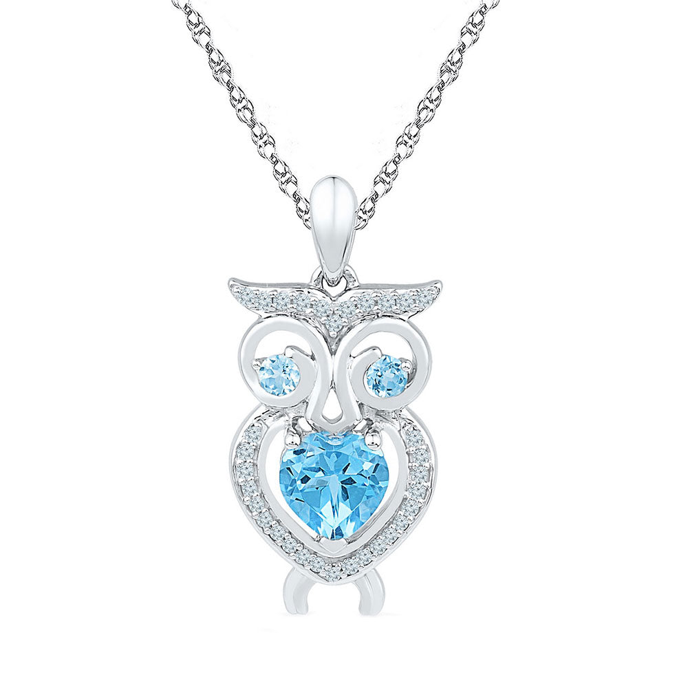 Sterling Silver Womens Heart Lab-Created Blue Topaz Owl Pendant 1 Cttw