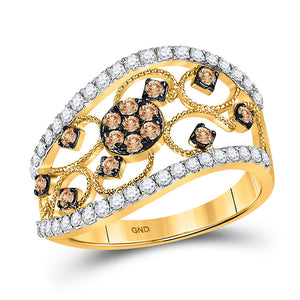 10kt Yellow Gold Womens Round Brown Diamond Cluster Band Ring 7/8 Cttw