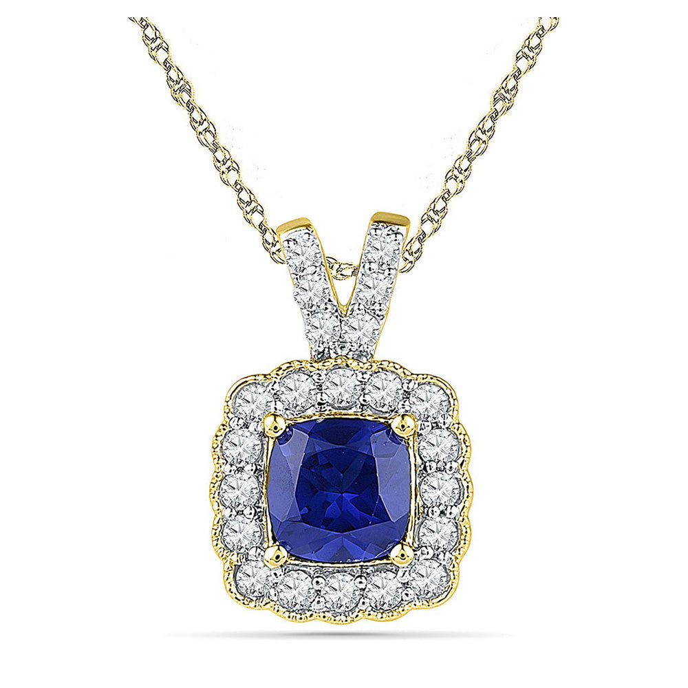 10kt Yellow Gold Womens Round Lab-Created Blue Sapphire Solitaire Pendant 3-1/2 Cttw