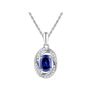 10kt White Gold Womens Oval Lab-Created Blue Sapphire Solitaire Diamond Pendant 1-1/3 Cttw