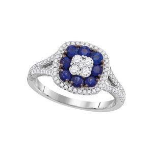 18kt White Gold Womens Round Lab-Created Blue Sapphire Cluster Ring 1-1/5 Cttw