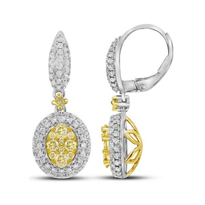 14kt White Gold Womens Round Yellow Diamond Oval Dangle Earrings 1-1/3 Cttw