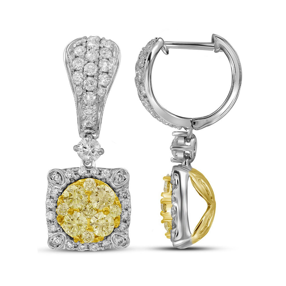14kt White Gold Womens Round Yellow Diamond Square Dangle Earrings 1-5/8 Cttw