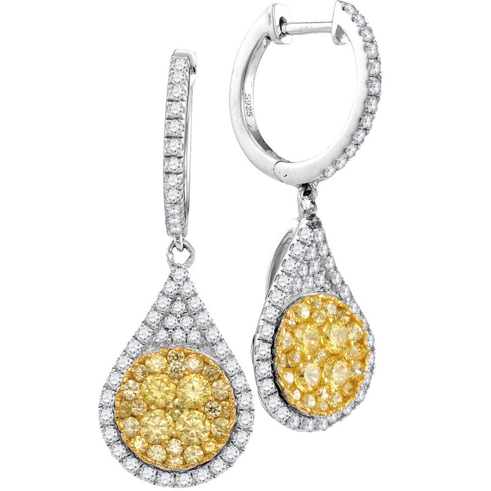14kt White Gold Womens Round Yellow Diamond Teardrop Dangle Earrings 1-5/8 Cttw
