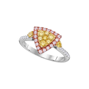 14kt White Gold Womens Round Yellow Pink Diamond Triangle Fashion Ring 7/8 Cttw