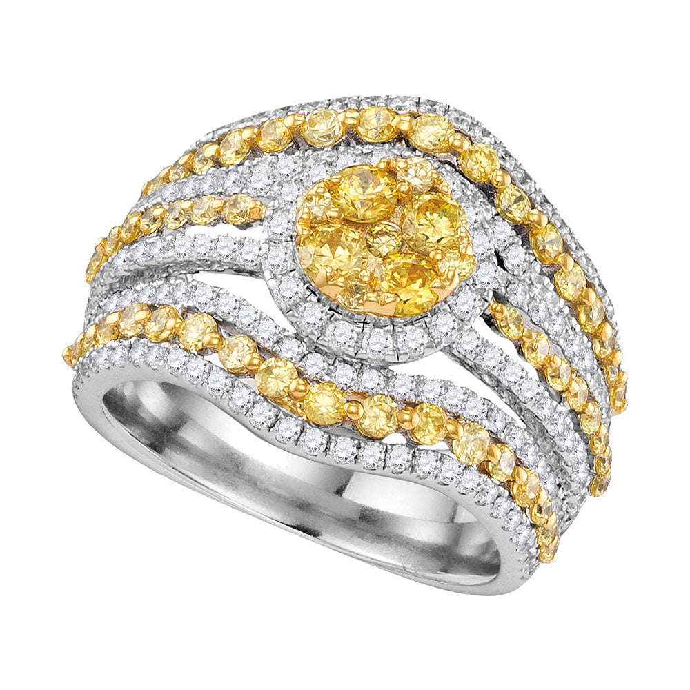 14kt White Gold Womens Round Yellow Diamond Stripe Cluster Ring 2 Cttw