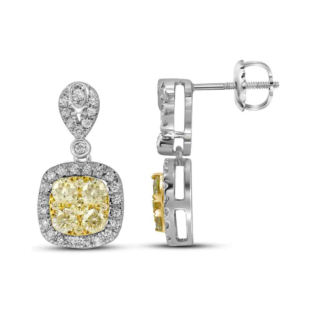 14kt White Gold Womens Round Yellow Diamond Square Dangle Earrings 1-1/5 Cttw