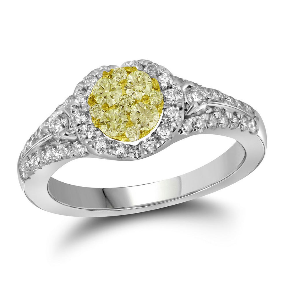 14kt White Gold Womens Round Yellow Diamond Circle Cluster Ring 3/4 Cttw