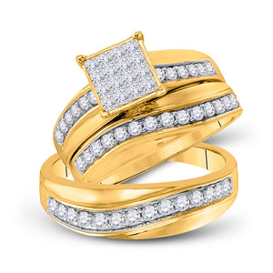 14kt Yellow Gold His Hers Princess Diamond Square Matching Bridal Wedding Ring Set 1 Cttw