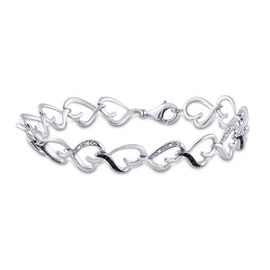 Sterling Silver Womens Round Black Color Enhanced Diamond Heart Bracelet 1/10 Cttw