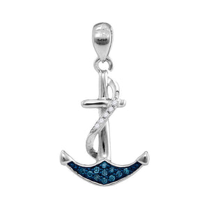 Sterling Silver Womens Round Blue Color Enhanced Diamond Nautical Anchor Pendant 1/20 Cttw