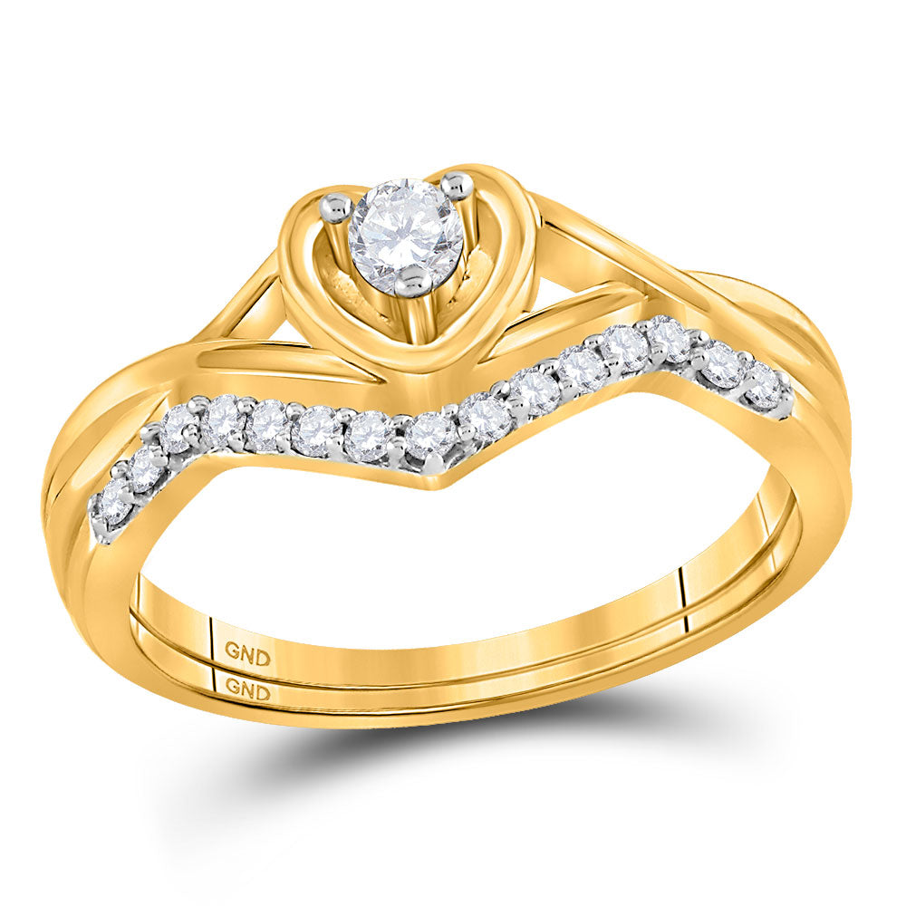 10kt Yellow Gold Round Diamond Heart Bridal Wedding Ring Band Set 1/4 Cttw