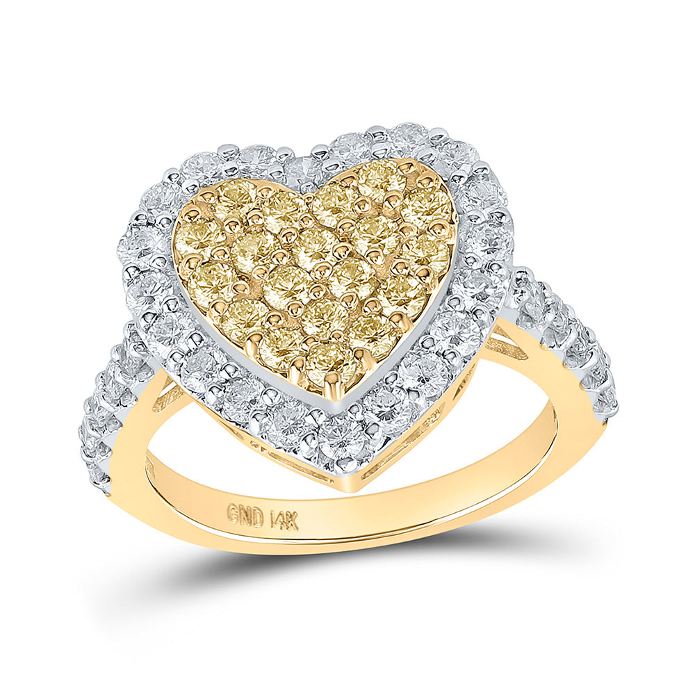 14kt Yellow Gold Womens Round Yellow Diamond Heart Ring 1 Cttw