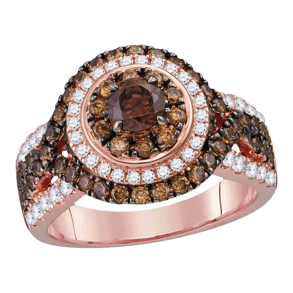 14kt Rose Gold Round Brown Diamond Halo Bridal Wedding Engagement Ring 2 Cttw
