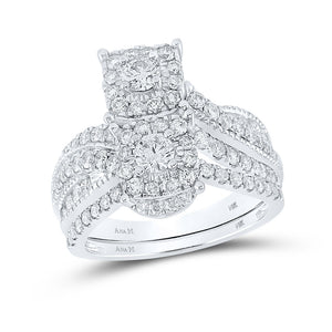 14kt White Gold Round Diamond 2-Stone Bridal Wedding Ring Band Set 1-1/2 Cttw