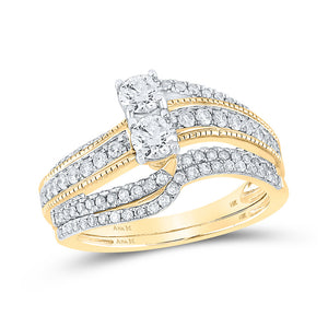 14kt Yellow Gold Round Diamond 2-Stone Bridal Wedding Ring Band Set 1 Cttw