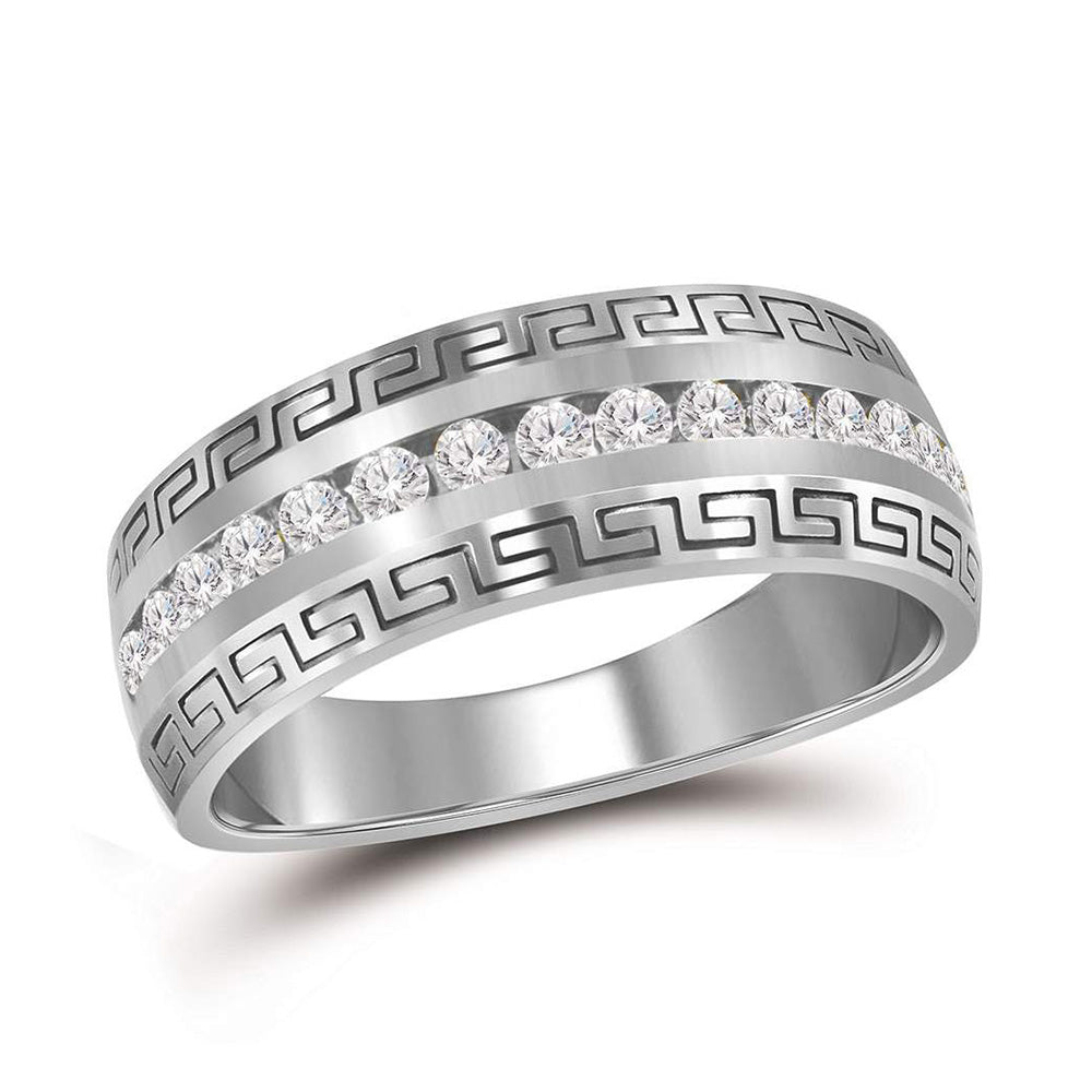 14kt White Gold Mens Round Diamond Wedding Greek Key Band Ring 1 Cttw