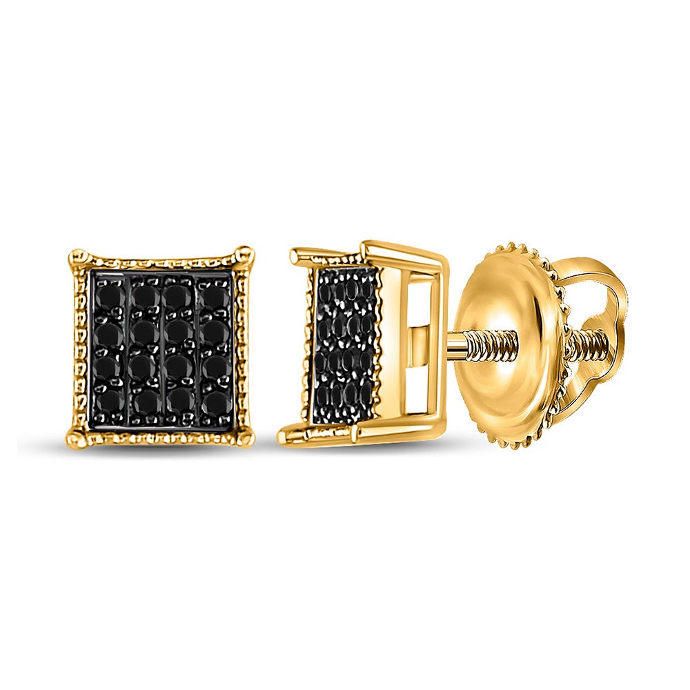 10kt Yellow Gold Mens Round Black Color Enhanced Diamond Square Stud Earrings 1/10 Cttw