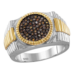 10kt Two-tone Gold Mens Round Brown Diamond Ribbed Circle Cluster Ring 1/2 Cttw