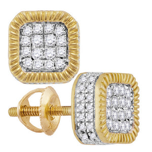 10kt Yellow Gold Mens Round Diamond Fluted Square Cluster Stud Earrings 3/4 Cttw