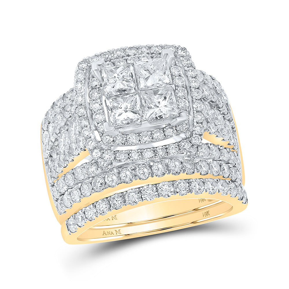 14kt Yellow Gold Princess Diamond Halo Bridal Wedding Ring Band Set 4 Cttw