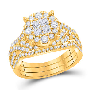 14kt Yellow Gold Princess Diamond 3-Pc Bridal Wedding Ring Band Set 1-1/2 Cttw