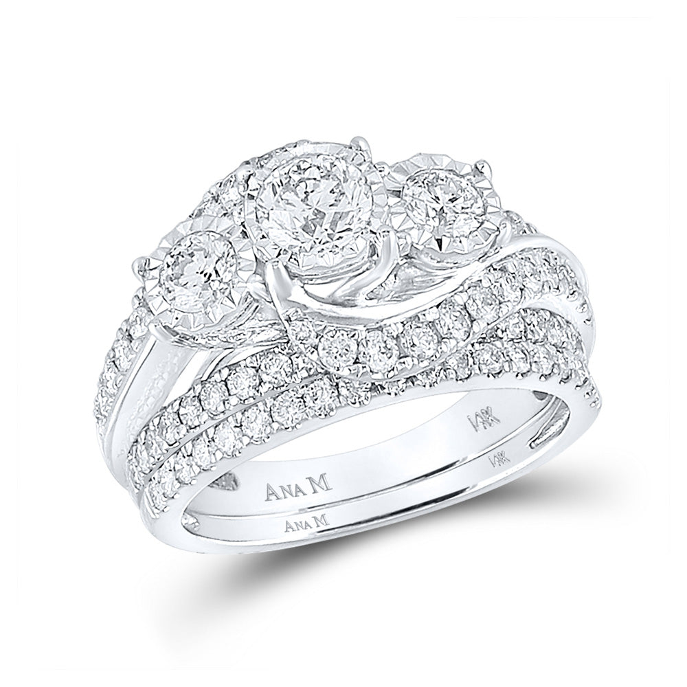 14kt White Gold Round Diamond 3-Stone Bridal Wedding Ring Set 2 Cttw