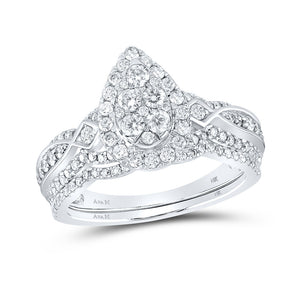 14kt White Gold Round Diamond Pear Cluster Bridal Wedding Ring Band Set 1 Cttw