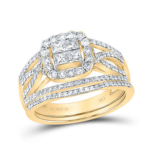 14kt Yellow Gold Princess Diamond Square Halo Bridal Wedding Ring Band Set 1 Cttw