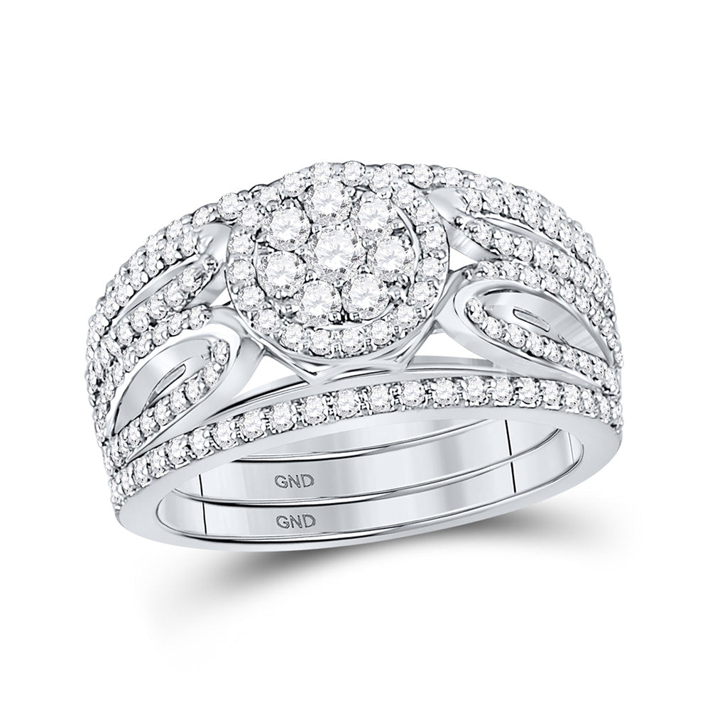 14kt White Gold Round Diamond Cluster Bridal Wedding Ring Band Set 1 Cttw