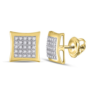 10kt Yellow Gold Mens Round Diamond Square Kite Cluster Earrings 1/8 Cttw